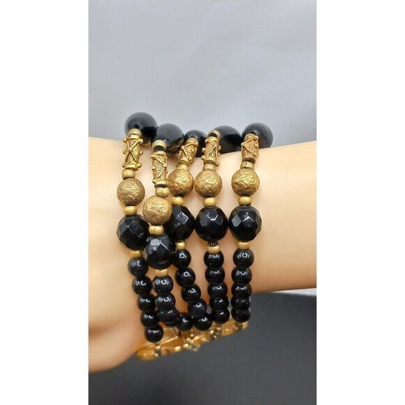 OH!! Vintage Leslie Block5 strand black and goldbead bracelet FAB!